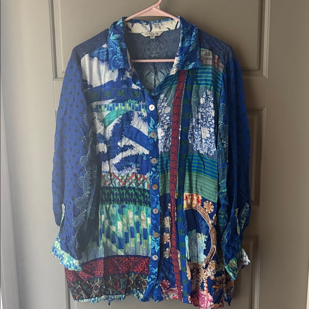 John Mark Blue And Green Patchwork Button Down Sh… - image 1